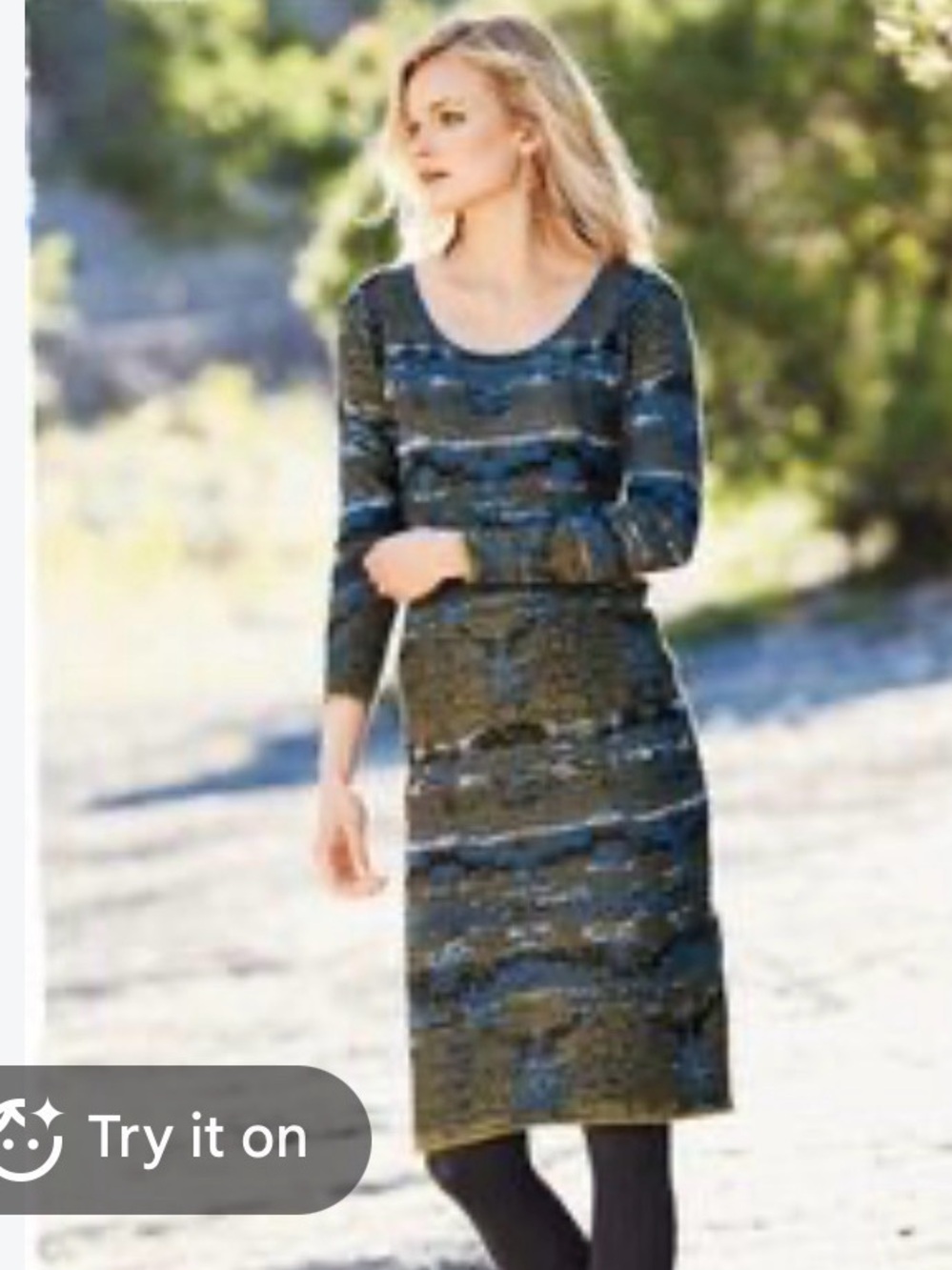 Peruvian Connection Long-Sleeve Knit Dress in Blue and Olive and Silver